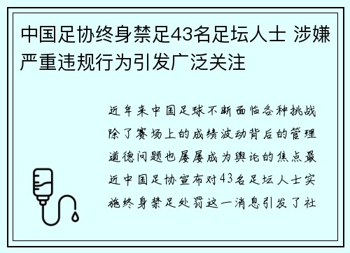 中国足协终身禁足43名足坛人士 涉嫌严重违规行为引发广泛关注 中国足协终身禁足43名足坛人士 涉嫌严重违规行为引发广泛关注